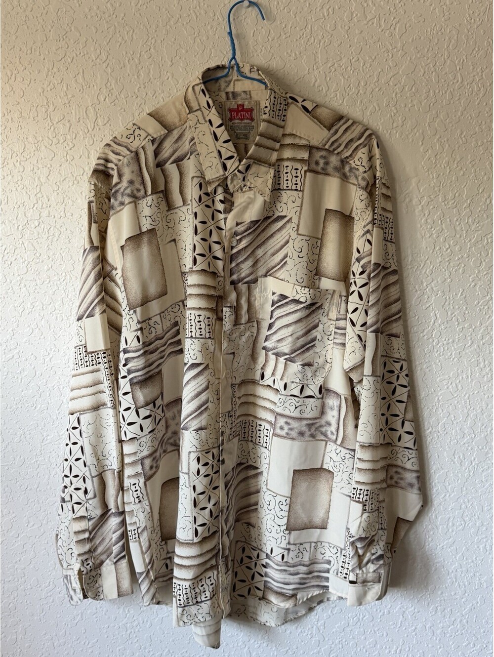 Platini Men’s L Abstract Geometric Button Up Shirt Beige Brown Long Sleeve